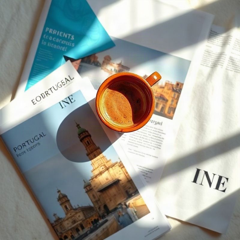Jornais económicos portugueses, relatórios impressos do INE e uma chávena de café sobre uma superfície de linho creme