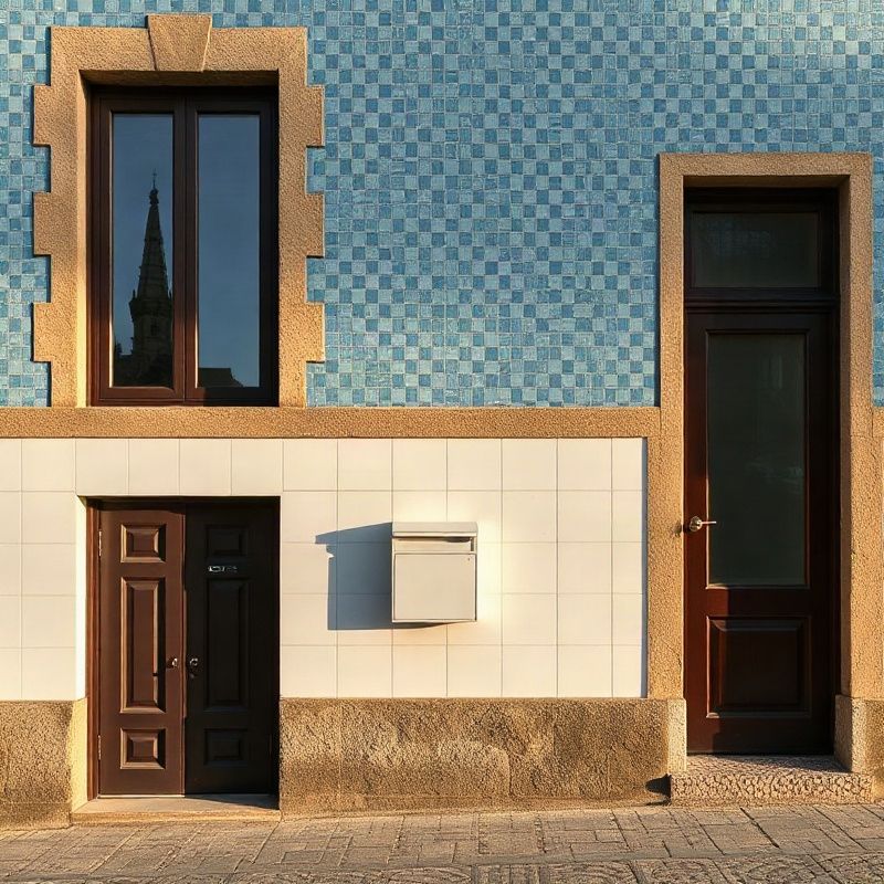 Fachada exterior de um edifício em Aveiro revestido com azulejos creme e terracota e uma caixa de correio moderna