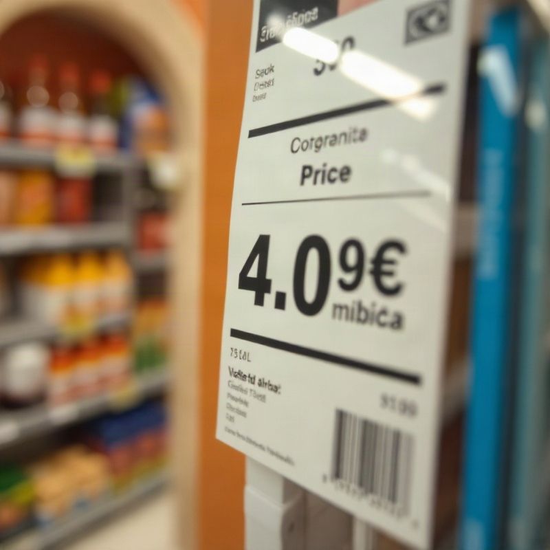 Close-up de uma etiqueta de preço num supermercado português com fundo desfocado em tom terracota